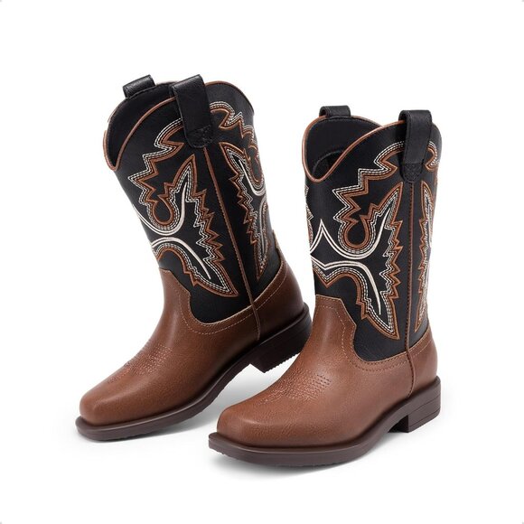 ⚡Girls Black Brown Cowboy Boots Toddler Mid Calf Western Square Toe Riding Boot - Picture 5 of 6